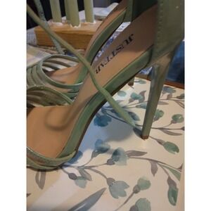Multi strap open toe Stiletto closed heel patent faux leather sage green
